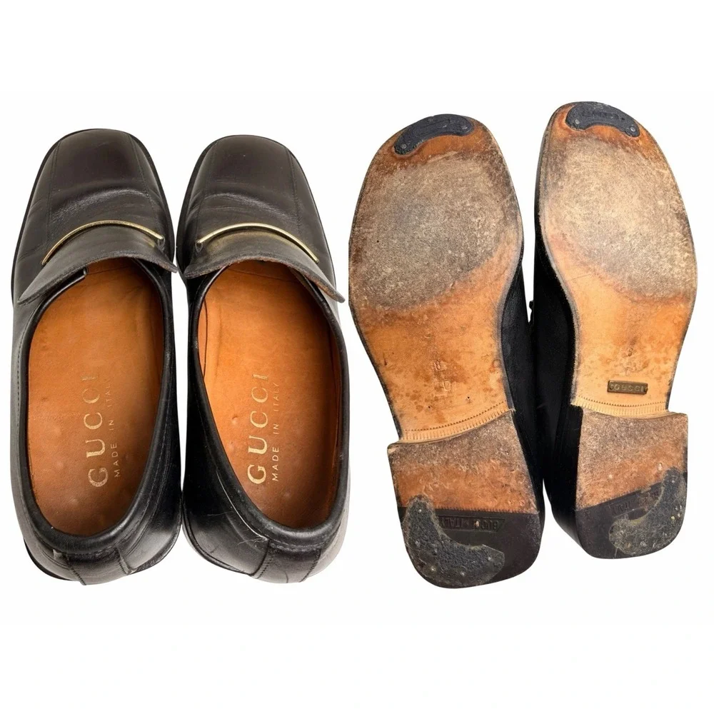Vintage Gucci Logo Bar Leather Loafers Men’s 8D Black Made in Italy